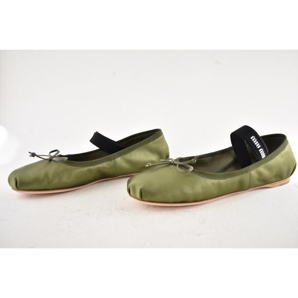 Miu Miu Satin Oliva Green Black White Logo Strap Ballet Ballerina Flats 37.5 - Picture 14 of 16